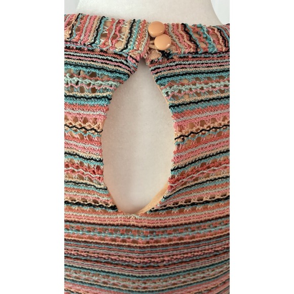 Women's Nina Leonard Crochet Striped Halter Maxi Dress LG  Coral Turquoise Boho - Picture 6 of 16